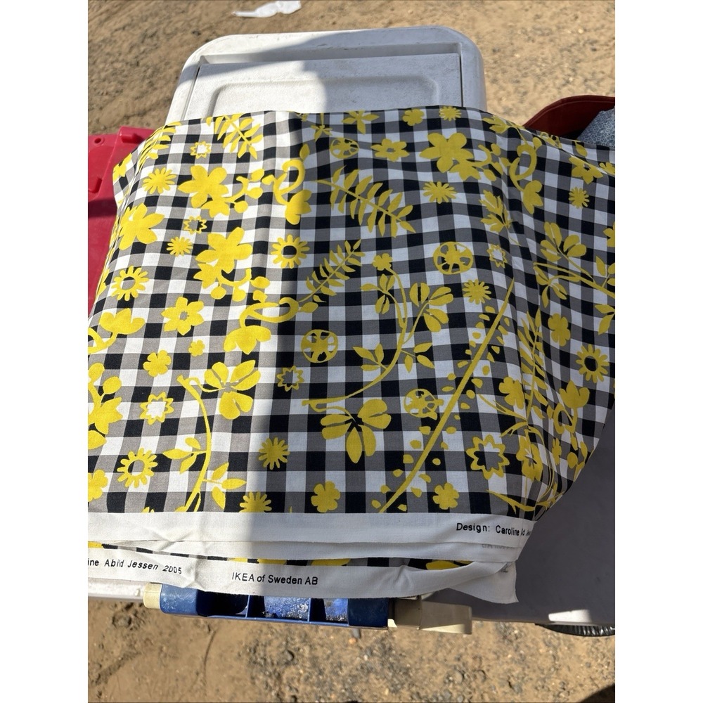 Ikea Caroline Abild Jessen Black White Plaid Yellow Floral Cotton Fabric 3 Yards